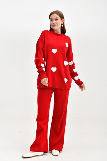 vuvutasarım Heart Print Low Sleeve Sweater and High Waist Pants Bottom Top Red Knitwear Set 3114