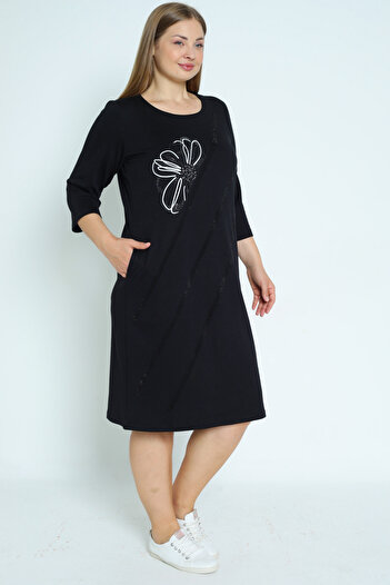 İntensive Women's Black Stone Detail Pocket Three Quarter Sleeve Cotton Plus Size Dress