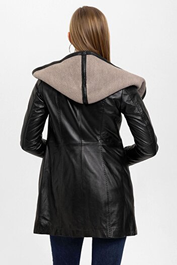 Deriderim Black Julia Knitwear Hooded Belt Genuine Women's Leather Coat