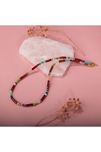 OSMANLI DOĞAL TAŞ Red Agate-Moon Stone-Natural Stone Necklace