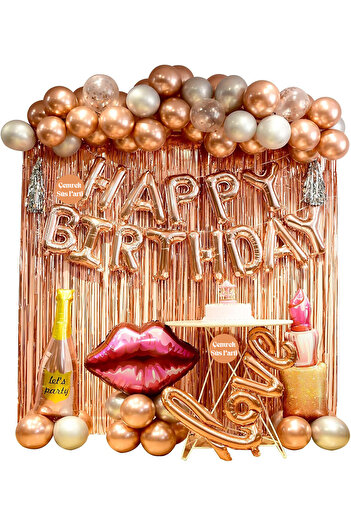 Çemrek Süs Parti Rose Gold Color Birthday Party Set, Happy Birthday Birthday Set for Women and Teen Girls