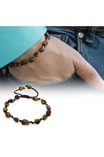 Tesbihane Macrame Braided Natural Cut Dorica Ball Detailed Tiger Eye Natural Stone Men's Bracelet