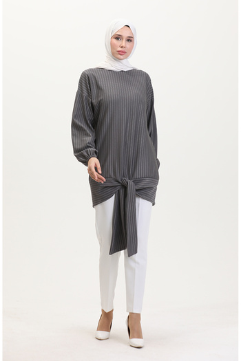 sefamerve Gray Striped Tunic - Model 1028-01