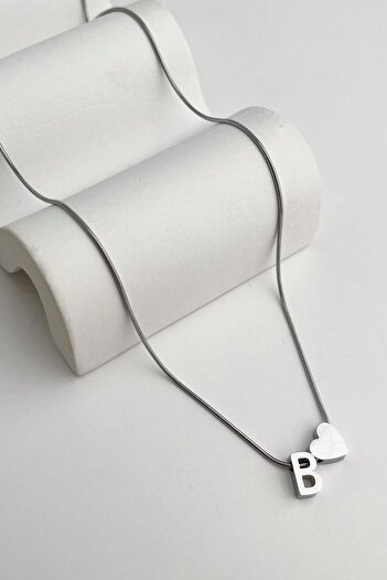 Modex Steel Heart Detailed Letter B Necklace (45Cm+5Cm)