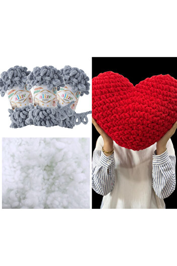 Alize 3 Pcs 428 Medium Gray Puffy Heart Pillow and 400g. Bead Fiber Set