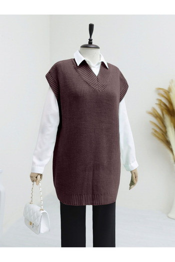 Modamorfo V-Neck Wide Ribbed Solid Brass Knitted Long Sweater - Coffee