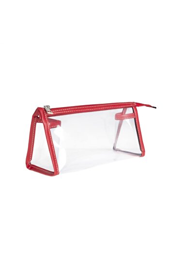 VUKİ Red Color Triangle Clear Leather Zipper Pencil Case & Makeup Bag