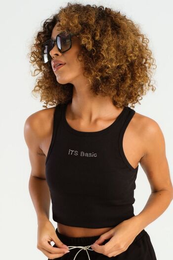 its basic Women's Black Color Ribbed Halter Collar it's basic Stone Printed Body