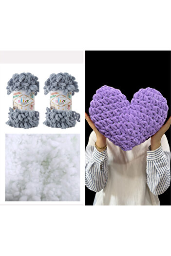 Alize 2 Puffy Heart Pillows - 428 Gray and 200 Gr. Bead Fiber Set