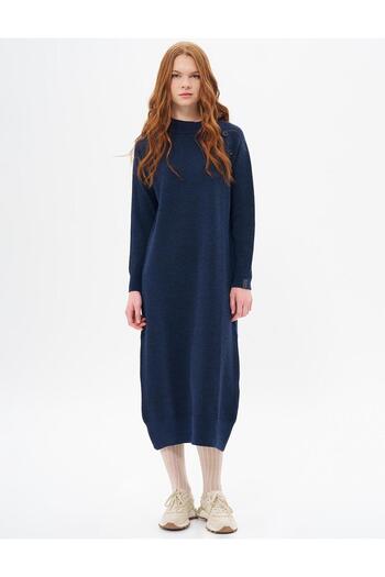Kayra Buttoned Half Turtleneck Knitwear Dress Navy Blue