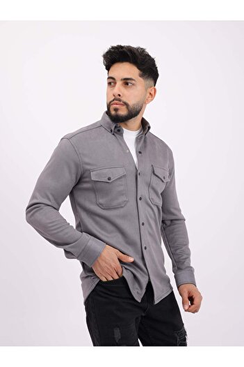 cliento Men's Gray Regular Fit Seasonal Suede Nubuck Shirt with Pockets