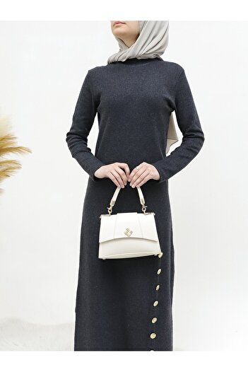 Modamorfo Half Neckline Hem Button Detail Dress -Anthracite