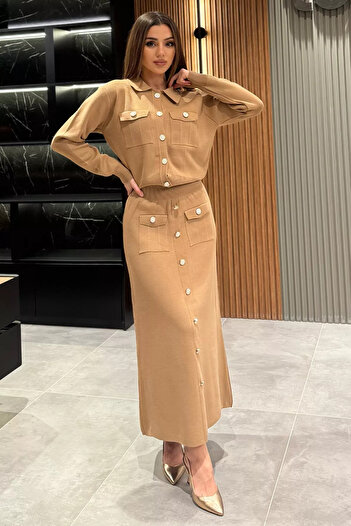 julude Biscuit Button Detailed Cardigan Skirt Hijab Knitwear Double Set