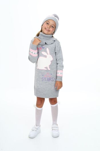 Sevimli Girl's Dress Bunny Embroidered Beret and Neck Collar 3 Piece Set
