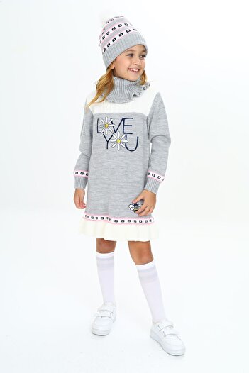 Sevimli Girl's Winter Dress Daisy Embroidered Set of 3 with Beanie and Neck Collar