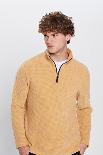 Tudors Men's Standard Fit Relaxed Fit Non Pilling Cold Proof Stand Collar Beige Fleece Sweatshirt
