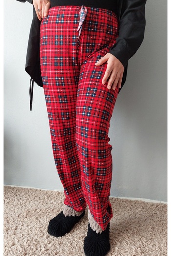 Bahar design Oversized Single Jersey Velvet Women's Red Plaid Pattern Pajama Bottom