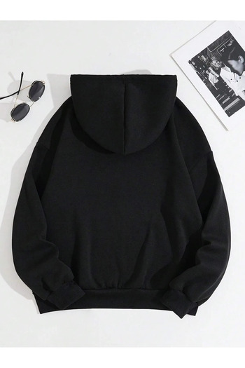 Boi Star Detailed Oversize Hooded Sweatshirt - Zippered Black Winter Cardigan