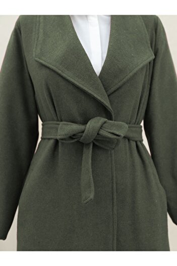 Modamorfo Shawl Collar Pocket Belted Cashmere Coat - Khaki
