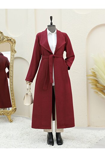 Modamorfo Burgundy Stamp Coat - Shawl Collar with Pockets and Belt
