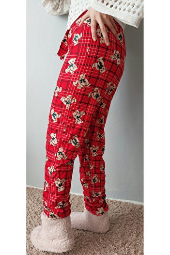 Bahar design Single Jersey Velvet Red Teddy Bear Plaid Pattern Pajama Bottoms