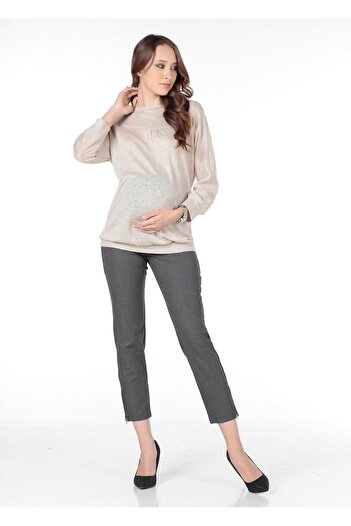 BUSA Beige Colored Maternity Blouse - Collar Stripe Model