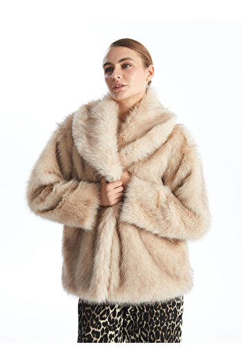 LC Waikiki Ecru Jacket Collar Women's Fur Coat