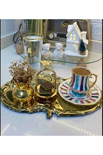 SEVA ÇELİK Artnova Service - 30 cm Steel Gold Embroidered Lace Patterned Tray