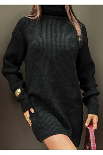 barış sülün lovebox Turtleneck Oversize Knitwear Sweater Tunic - Black 24W16023
