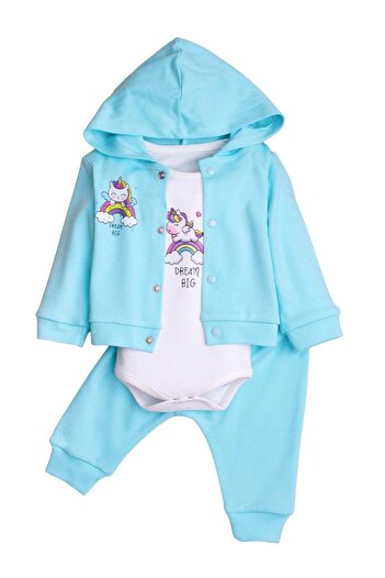 Chicsy Baby Kız Bebek Kapüşonlu Unicornlu  Pamuklu Zıbınlı Fitilli 3'lü Bebek Takımı