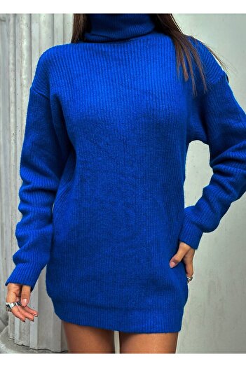 barış sülün lovebox Oversize Women's Knitwear Sweater Tunic - Turtleneck Blue 24W16023