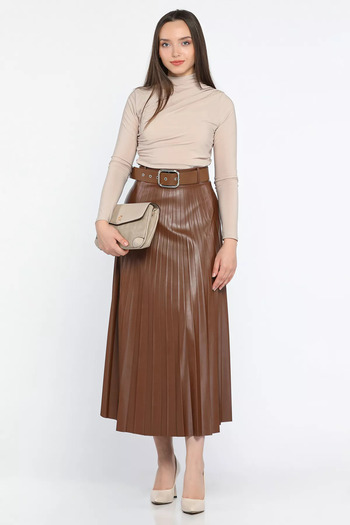GÜLSELİ Tan Belted Pleated Faux Leather Skirt