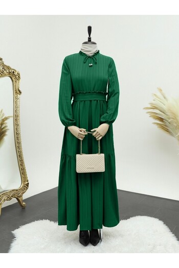 Modamorfo Emerald Color Seersucker Dress with Neckline Ruffles and Pieces