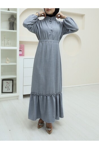 Modamorfo Grey Linen Dress - Ruffled Neckline, Button Detail, Split Skirt
