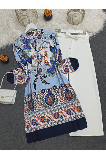 Modamorfo Floral Print Half Button Cotton Viscose Tunic - Navy