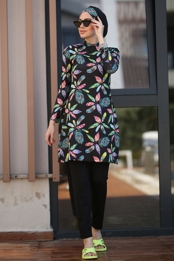 Remsa Mayo Lycra Fully Covered Hijab Swimsuit Patterned Green Peacock
