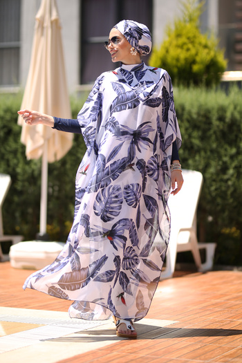 Remsa Mayo Patterned Single Kaftan Pareo Blue Leaves on Hijab Swimsuit