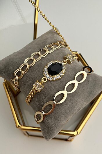 Modex Black Single Stone Detailed Multiple Bracelet Set (18cm)