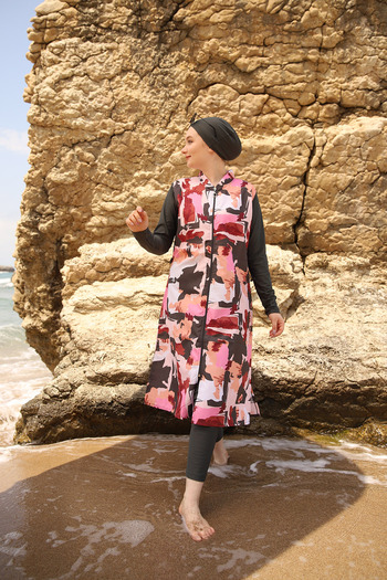 Emayo 2002 Model Emel Pink Gray Sea Swimsuit - Full Covered Hijab Swimsuit