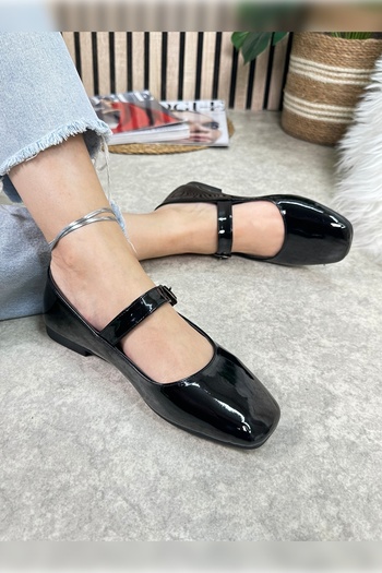 İmerShoes Daily Women's Black Patent Leather Ballerinas Adjustable Buckle Low Heeled Soft Comfortable Shoes 506