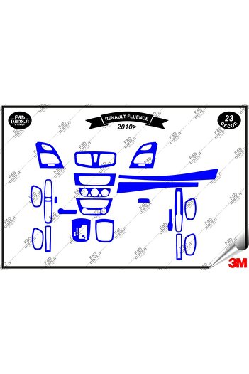 FD Damla Etiket Renault Fluance 2010 Set de ornament cu furnir mahon pentru torpedou albastru - 23 bucăți