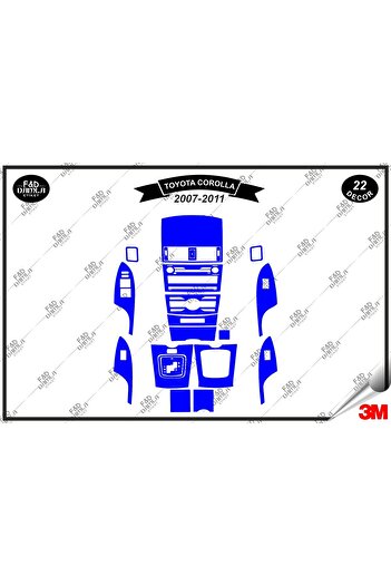FD Damla Etiket Toyota Corolla 2007-2011 Decorație albastră pentru consola torpedo - Set de 22 bucăți din furnir de mahon