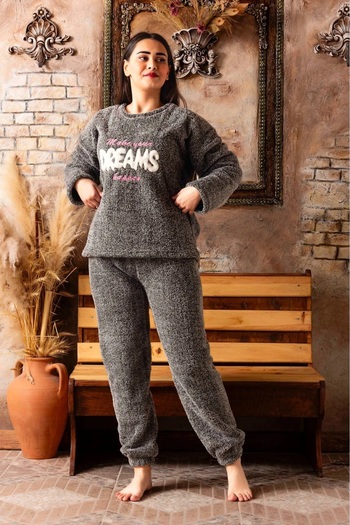 CALİA Women's Crew Neck Towel Velsoft Pajama Set Plush Winter