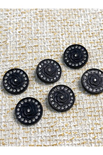 ODDA TASARIM ATÖLYESİ Full Black Floral Pattern Crystal Stone Covered Jacket Button Set(36Size)