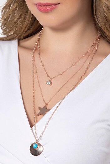 Modex Rose Color Triple Necklace with Coin and Star Detail (40,60*70cm)