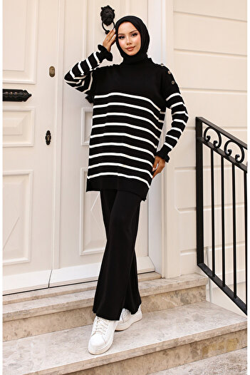 sefamerve Black Striped Shoulder Detailed Knitwear Set 24019-03