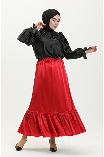sefamerve Gathered Satin Skirt 85068-02 Claret Red