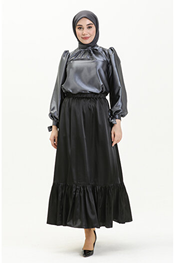 sefamerve Black Satin Gathered Skirt - 85068-01