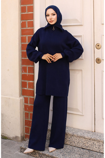 sefamerve Ribbed Knitwear Set with Zippered Collar 11036-04 Navy Blue