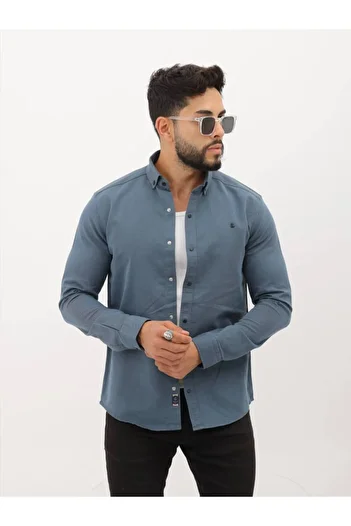 cliento Men's Slim Fit Lycra Denim Shirt - Dark Petrol